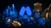 Digital illustration featuring a central blue logo on a futuristic platform, surrounded by cityscape, gold bars, coins, and icons, conveying finance and technology themes.