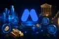 Digital illustration featuring a central blue logo on a futuristic platform, surrounded by cityscape, gold bars, coins, and icons, conveying finance and technology themes.