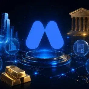Digital illustration featuring a central blue logo on a futuristic platform, surrounded by cityscape, gold bars, coins, and icons, conveying finance and technology themes.