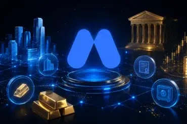 Digital illustration featuring a central blue logo on a futuristic platform, surrounded by cityscape, gold bars, coins, and icons, conveying finance and technology themes.