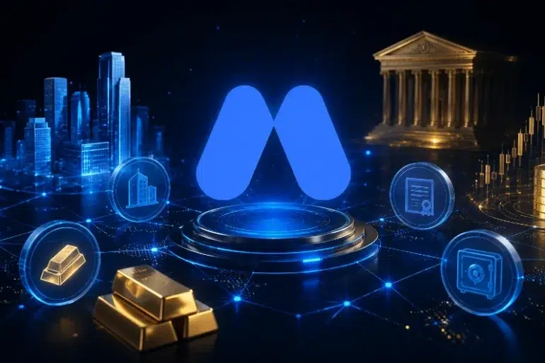 Digital illustration featuring a central blue logo on a futuristic platform, surrounded by cityscape, gold bars, coins, and icons, conveying finance and technology themes.