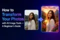 Before and after AI-enhanced photo transformation showing a woman by a lake turned into a vibrant sunset scene with flowers and mountains.