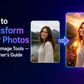 Before and after AI-enhanced photo transformation showing a woman by a lake turned into a vibrant sunset scene with flowers and mountains.