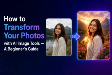 Before and after AI-enhanced photo transformation showing a woman by a lake turned into a vibrant sunset scene with flowers and mountains.