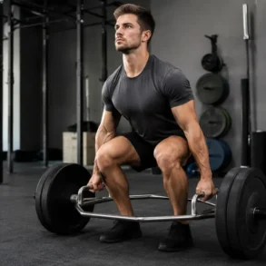 Person performing a Trap Bar Deadlift in a gym with proper form for strength, power, and safer lifting