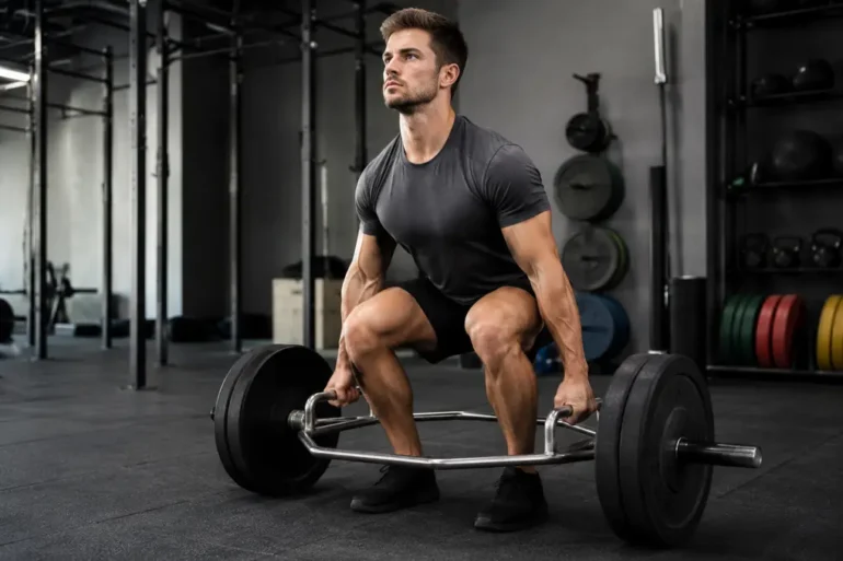 Person performing a Trap Bar Deadlift in a gym with proper form for strength, power, and safer lifting