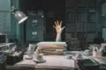 A cluttered desk piled high with papers. A hand reaching up from behind the stack suggests being overwhelmed, surrounded by cups and office supplies.