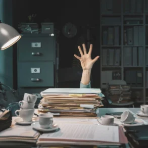 A cluttered desk piled high with papers. A hand reaching up from behind the stack suggests being overwhelmed, surrounded by cups and office supplies.