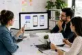 Three designers at a UI UX Web Company collaborate in a bright office, reviewing mobile app wireframes on a large desktop monitor and printed design sheets.
