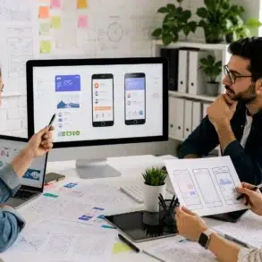 Three designers at a UI UX Web Company collaborate in a bright office, reviewing mobile app wireframes on a large desktop monitor and printed design sheets.