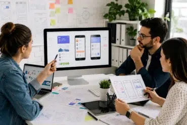 Three designers at a UI UX Web Company collaborate in a bright office, reviewing mobile app wireframes on a large desktop monitor and printed design sheets.