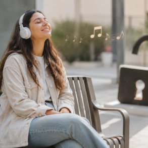 Person safely listening to Unblocked Music online with headphones on a secure digital music platform