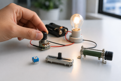 Variable Resistor used in an electronic circuit with tools and components