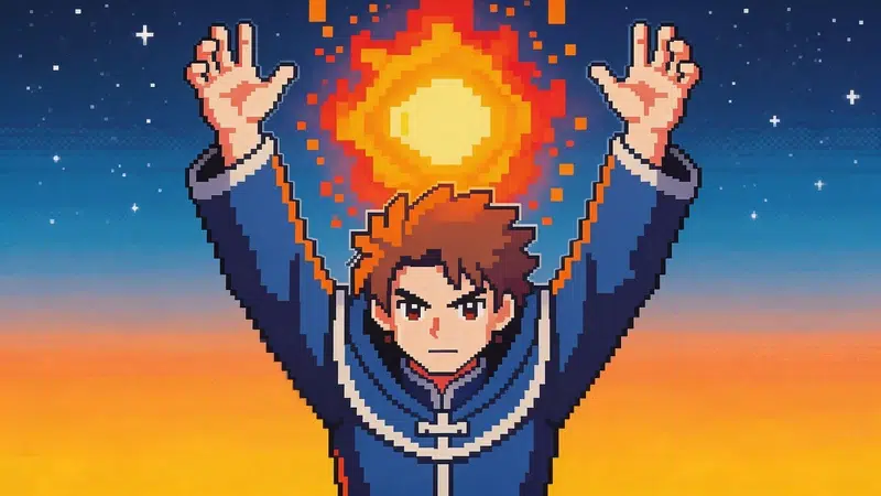 Pixel art of a determined character in a blue outfit raising hands towards a radiant fireball above. A vibrant dusk sky forms the background.