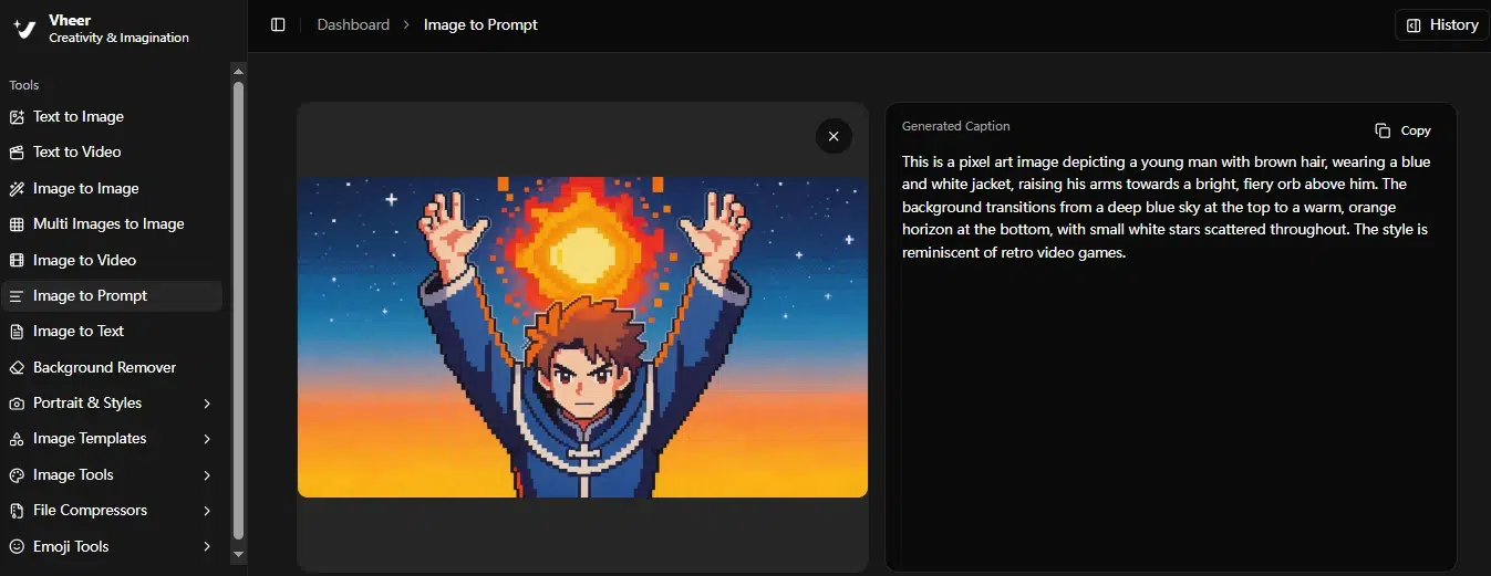 Pixel art of a young man with brown hair, wearing a blue jacket, arms raised toward a fiery orb in the sky. The retro style is vibrant and dynamic.