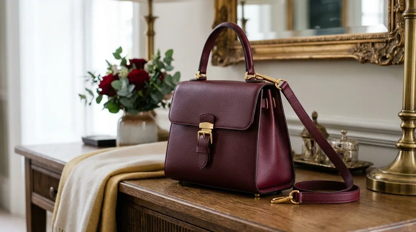 A luxurious burgundy handbag with a gold clasp sits on an elegant wooden table, surrounded by a vase of red and white flowers and golden decor elements.