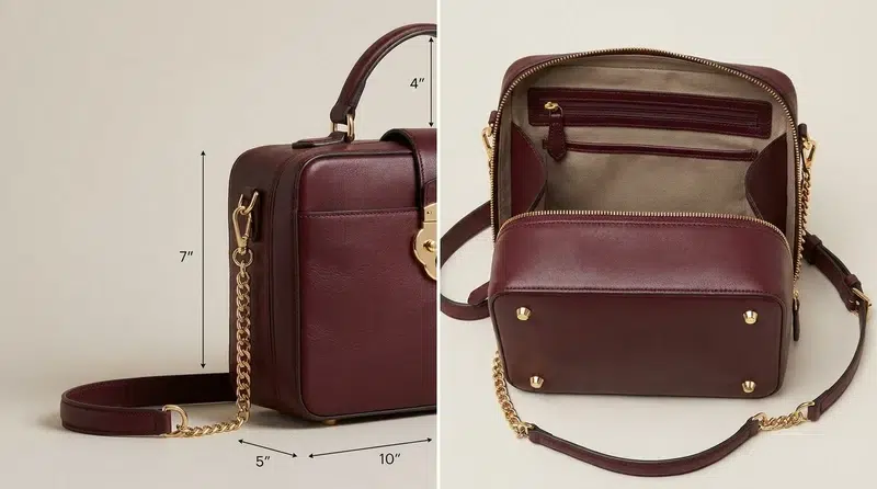 A burgundy leather handbag is shown in two views. On the left, dimensions are displayed: 10" wide, 5" deep, 7" tall, and a 4" handle drop. On the right, the interior, featuring a neutral lining with a zip pocket, is visible. The bag has gold hardware and a chain strap, giving it an elegant and sophisticated look.