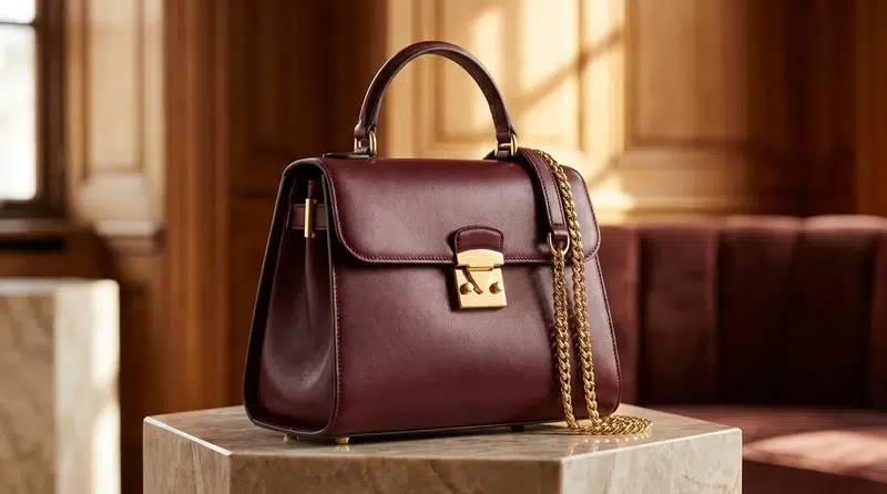 Elegant burgundy leather handbag with gold lock and chain strap, displayed on a marble pedestal in a warm, wood-paneled room.