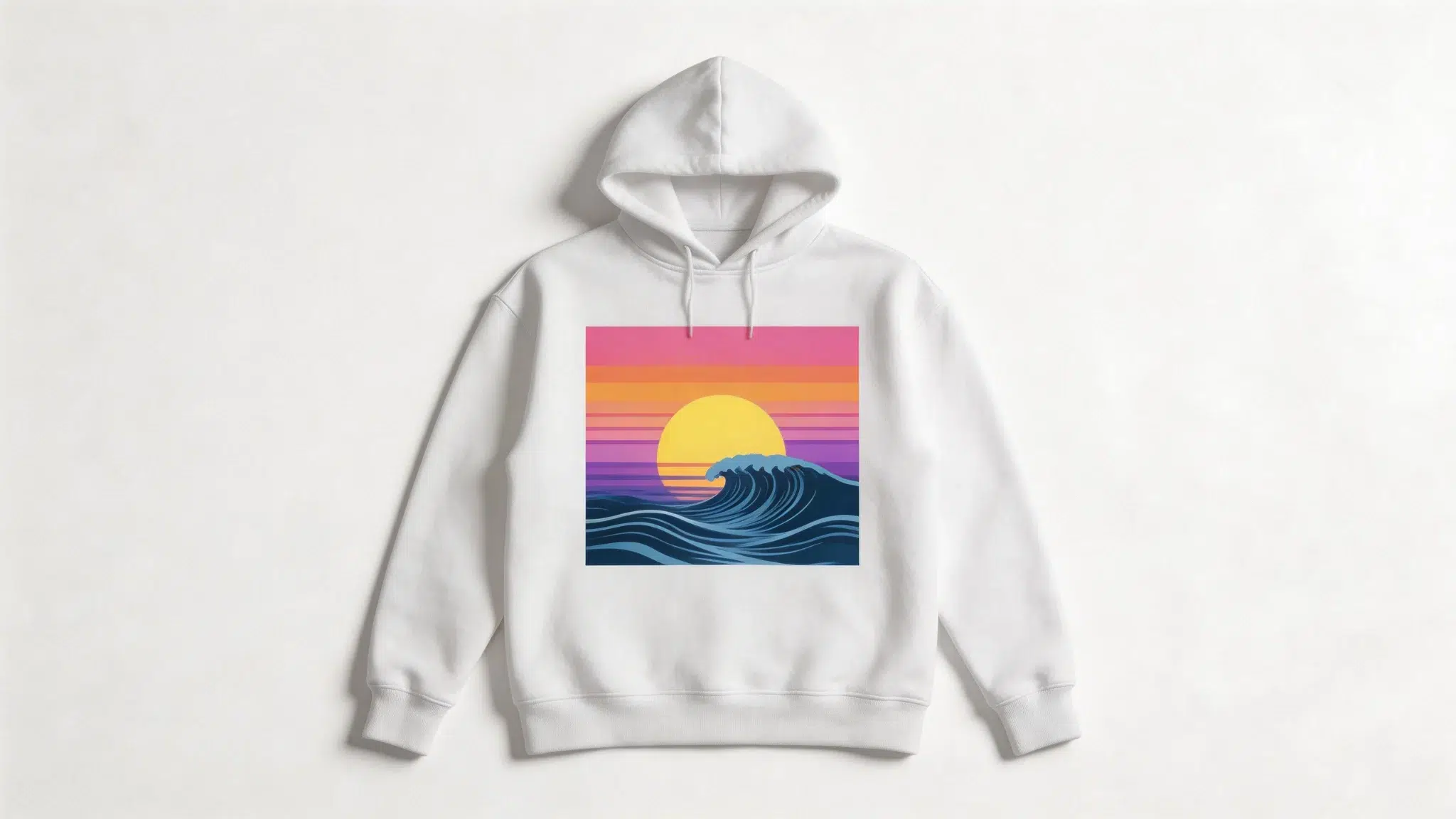 White hoodie with a graphic of a stylized ocean wave and a yellow sun against a vibrant pink, orange, and purple sunset background.