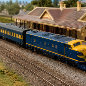 Victorian Railways Models displayed on a detailed model railway layout with vintage locomotives and carriages