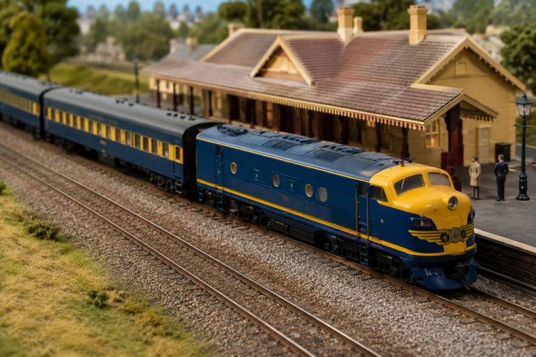 Victorian Railways Models displayed on a detailed model railway layout with vintage locomotives and carriages
