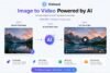 Vidmud website screenshot showing a three-step AI process to convert images to videos. Includes landscape images, icons, and feature highlights.