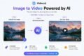 Vidmud website screenshot showing a three-step AI process to convert images to videos. Includes landscape images, icons, and feature highlights.