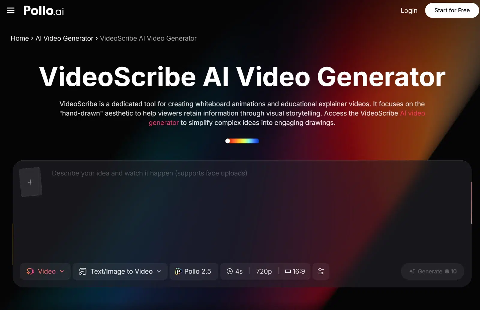 Screenshot of Pollo.ai's VideoScribe AI Video Generator webpage. It highlights features for creating whiteboard animations and explainer videos, emphasizing a 'hand-drawn' aesthetic. The interface includes options for video settings and a text input area.