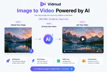 Vidmud website screenshot showing a three-step AI process to convert images to videos. Includes landscape images, icons, and feature highlights.