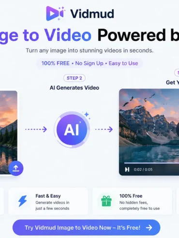 Vidmud website screenshot showing a three-step AI process to convert images to videos. Includes landscape images, icons, and feature highlights.