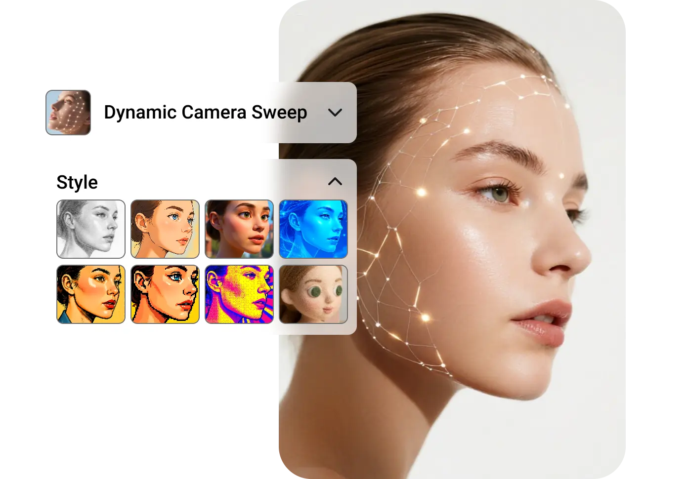 Close-up of a woman's profile with a digital polygon overlay on her face. A UI shows style options, including sketches and vibrant colors.