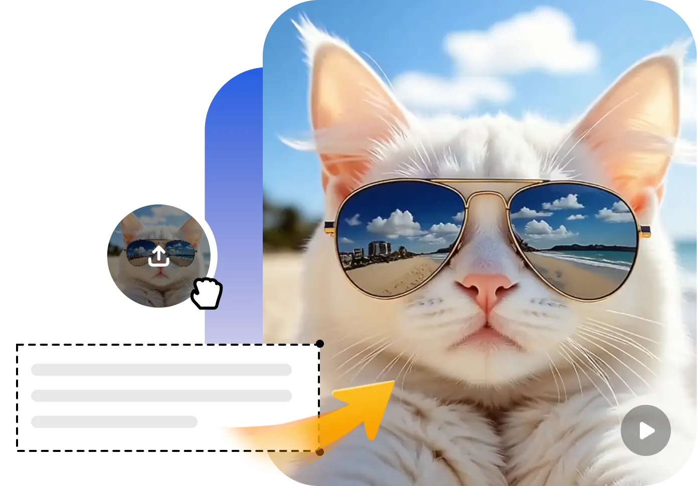A white cat wears reflective sunglasses showing a sunny beach with clouds and cityscape. The playful tone is enhanced by a cartoonish cursor and arrow.