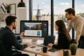 Three colleagues at a web design company in the Netherlands gather around a large desktop monitor and laptops to discuss a website interface design.