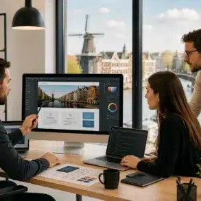 Three colleagues at a web design company in the Netherlands gather around a large desktop monitor and laptops to discuss a website interface design.