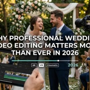 Bride and groom laughing joyfully at an outdoor wedding, surrounded by guests. A tablet with video editing software is visible.