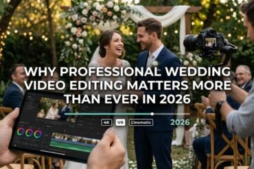 Bride and groom laughing joyfully at an outdoor wedding, surrounded by guests. A tablet with video editing software is visible.