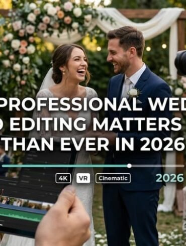 Bride and groom laughing joyfully at an outdoor wedding, surrounded by guests. A tablet with video editing software is visible.