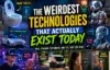 Collage showcasing weirdest existing technologies: smart toilets, robot pets, self-driving cars, AI that talks, virtual reality, food delivery robots, and smart mirrors.