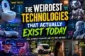Collage showcasing weirdest existing technologies: smart toilets, robot pets, self-driving cars, AI that talks, virtual reality, food delivery robots, and smart mirrors.