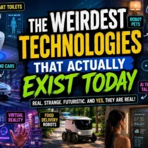 Collage showcasing weirdest existing technologies: smart toilets, robot pets, self-driving cars, AI that talks, virtual reality, food delivery robots, and smart mirrors.