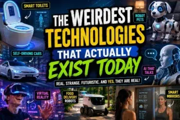 Collage showcasing weirdest existing technologies: smart toilets, robot pets, self-driving cars, AI that talks, virtual reality, food delivery robots, and smart mirrors.