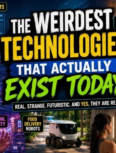 Collage showcasing weirdest existing technologies: smart toilets, robot pets, self-driving cars, AI that talks, virtual reality, food delivery robots, and smart mirrors.