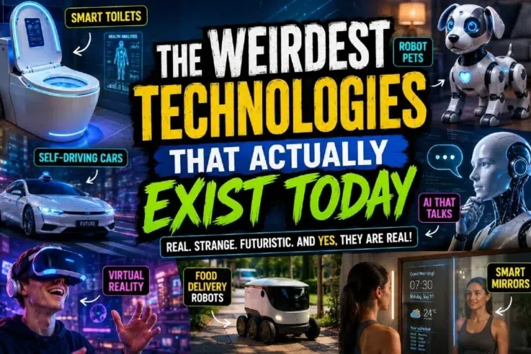 Collage showcasing weirdest existing technologies: smart toilets, robot pets, self-driving cars, AI that talks, virtual reality, food delivery robots, and smart mirrors.