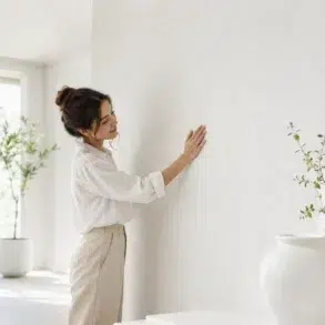 White Wallpaper in a clean modern living room with soft furniture, natural light, and subtle textured wall design.