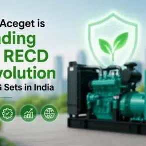 Aceget's leadership in the RECD revolution for DG sets in India. Image includes a green generator and eco-friendly icons. Vibrant, modern tone.