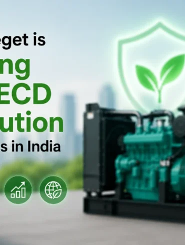 Aceget's leadership in the RECD revolution for DG sets in India. Image includes a green generator and eco-friendly icons. Vibrant, modern tone.