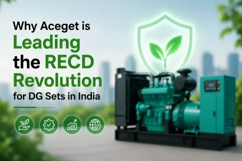 Aceget's leadership in the RECD revolution for DG sets in India. Image includes a green generator and eco-friendly icons. Vibrant, modern tone.