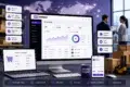 An all-in-one digital display showcasing WooCommerce B2B features, including a comprehensive B2B dashboard on a desktop monitor, tiered pricing examples on a laptop, and an order summary on a mobile device.