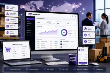 An all-in-one digital display showcasing WooCommerce B2B features, including a comprehensive B2B dashboard on a desktop monitor, tiered pricing examples on a laptop, and an order summary on a mobile device.