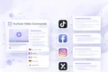 Interface of a YouTube video summarizer with language options and output summaries linked to TikTok, Facebook, Instagram, and X platforms.